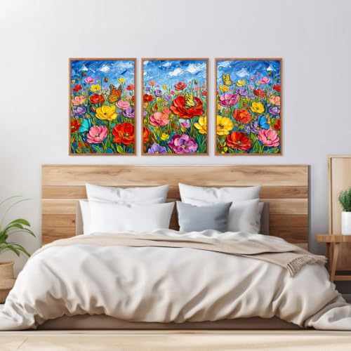 Image of CHDITB 3D Textured Poppy Floral Wall Art,Butterfly Wildflower Country Decor