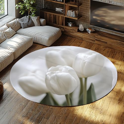 Tapis tulipe blanc rond 150cm moquette florale