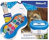  Pelikan Deckfarbkasten Space+ 735 SP/12 mit 12 Farben und 1 Tube Deckweiß (Komplett-Set blau mit Space-Becher + Malschürze + Pinsel-Set + A3 Block)