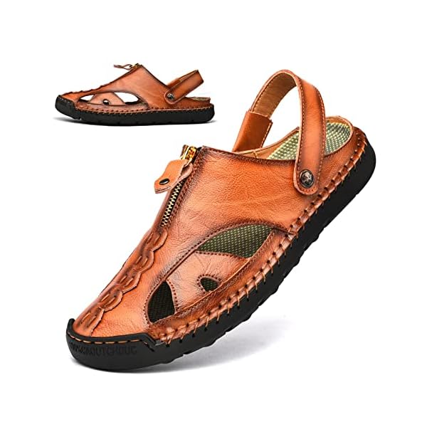 Mens Sandals Leather Closed Toe Outdoor Summer Anti-Slip Beach Sandals