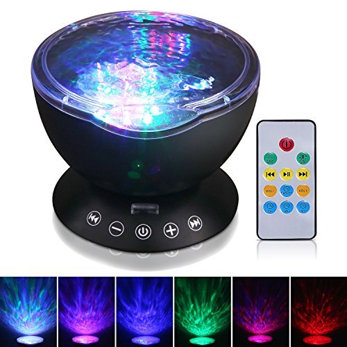 Night Lights for Kids - Upgraded LED Night Light with Music Player & Timer, Ocean Wave Projector with Remote & Easy Touch Mode Perfect for Babies Room and Bedroom 12 LED & 7 Colors (Black)