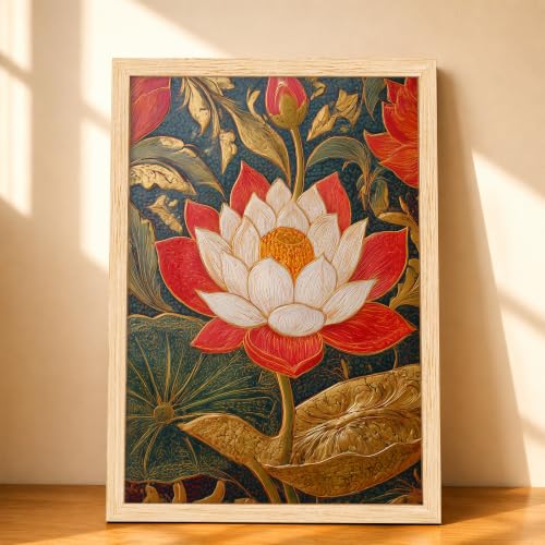 Image of PAINTINGMANTRA Traditional Indian Textured Embossed Lotus Framed Wall Art Painting for wall decoration, Red & Gold Blooming Lotus Motifs Poster with frame for living room, bedroom, Home and office, 10x13 Inch