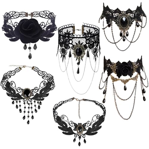 QckZee Gothic Kleidung Damen, 6 Stück Gothic Halskette Set Mit Vintage Schmuck, Hexen Zubehör Für Lolita Dress Und Halloween Kostüm, Gothic Schuck...