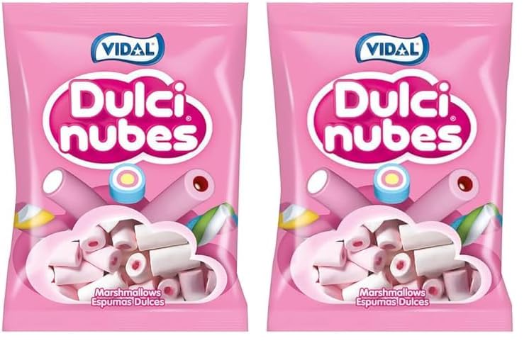 Vidal Golosinas Dulcinubes Rellenas. Nubes sabor vainilla color blanco y rosa rellenas de gelatina sabor fresa. Bolsa de 125 unidades. (Paquete de 2)