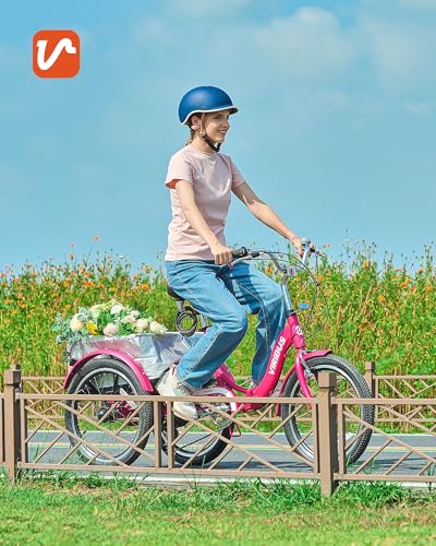 Image of VIRIBUS Folding Tricycle for Adults, 7 Speed 20 Inch Mini Foldable 3 Wheel Bikes for Women Seniors with Dual Chain & Low Step-Through Frame, Collapsible Trike with Cargo Basket, 330 lbs, Hot Pink