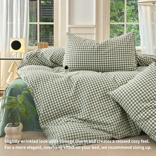Image of LifeTB Green Gingham Comforter Set Full Size Boho Plaid Checkered Pattern Comforter Geometric Grid Plaid Printed Bedding Comforter Set with 2 Pillowcases Fluffy Soft Gingham Bedding Set Full Size