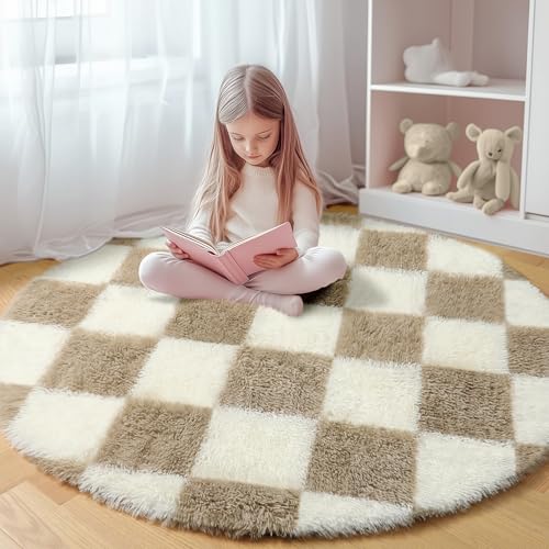 Image of KICMOR Round Rugs 5ft for Bedroom Living Room, Fluffy Soft Circle Area Rug Fuzzy Shag Shaggy Carpet, Beige and Cream White Checkered Circular Rug for Kids Girls Boys Nursery Home Decor Aesthetic