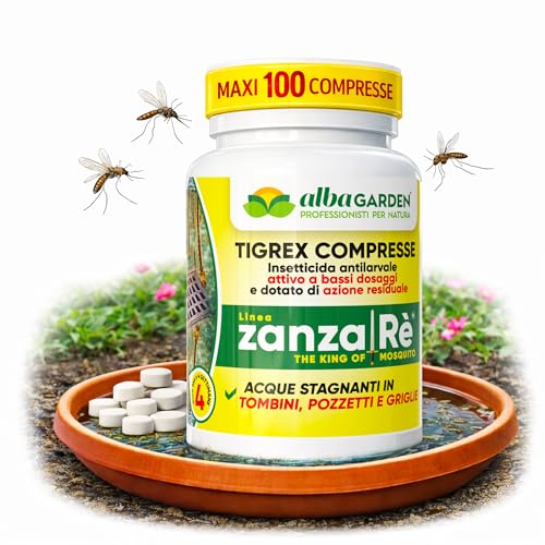 Albagarden Larvicida Zanzare Tigrex, 100 Compresse Insetticida Antilarvale Formato Maxi, Zanzara Tigre e Comune, Tombini Pozzetti e Acque Stagnanti, Pyriproxyfen IGR, Azione Residuale 4 Settimane