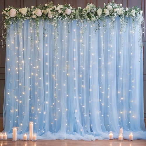 10x10ft Baby Blue Tulle Backdrop Curtain with Lights String for Parites, Sheer Backdrop Curtains for Wedding Baby Shower Birthday Party Photo Shoot Decorations