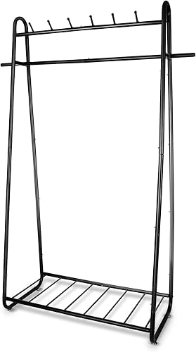 Fishat Perchero de ropa resistente, portátil, perchero de metal de doble barra, independiente con estantes inferiores para organizar zapatos