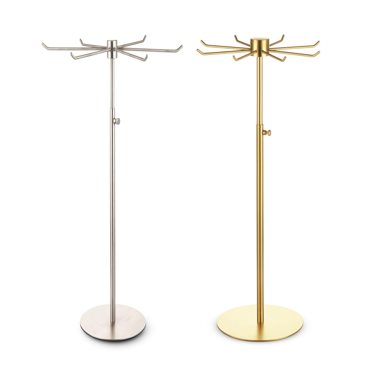 bjewego Rotating Keychain Display Stand - Height-adjustable Brushed Silver Metal Jewelry Organizer - Long Necklace Display Stand with 6 Hook - Scratch-resistant Display Racks for Craft Shows