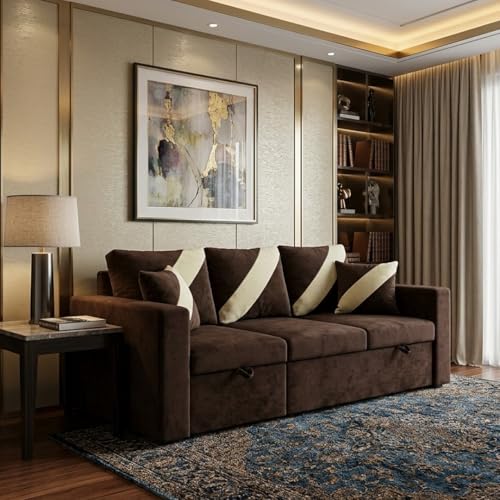 Image of FURNY Trivia 4 Seater LHS Lounger Sofa Cum Bed (Dark Brown) with Pull-Out Function | Luxury Velvet Suede Finish | Durable Comfort | Ideal for Living Room