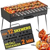 Charcoal Grill for 12 Skewers - Portable BBQ Mangal - Foldable Metal Grill for Shashlik, Kebab, Picnic, Outdoor Cooking (Skewers Not Included)