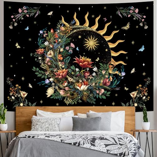 Racunbula Floral Plants Tapestry Sun and Moon Tapestry Retro Botanical Flowers Butterfly Tapestries Black Starry Sky Wall Art Vintage Boho Aesthetic Tapestries Wall Hanging for Bedroom