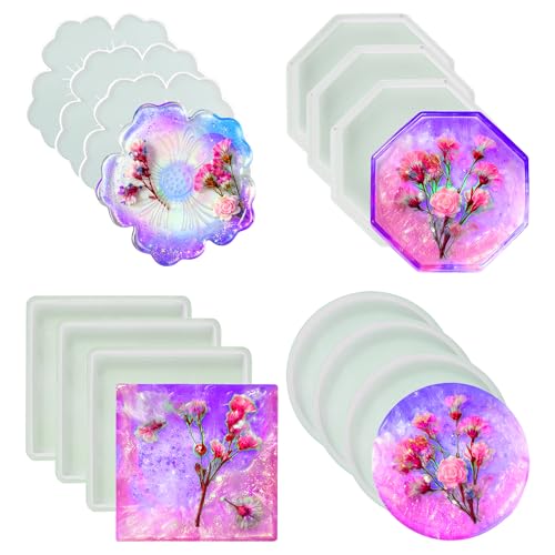 Loyohep Resin Coaster Molds Silicone Molds for Resin 12PCS with Round Square Octagon Flower Coaster Molds for Epoxy Resi n 4 Shapes Silicone Molds for DIY Art DIY Gift for Women