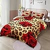 MOVE OVER Cheetah Print Comforter Set King Size Red Rose Flower Bedding Set 4 Pieces Ultra Soft Microfiber Romantic Rose and Leopard Print Comforter Sets for Women and Female #3