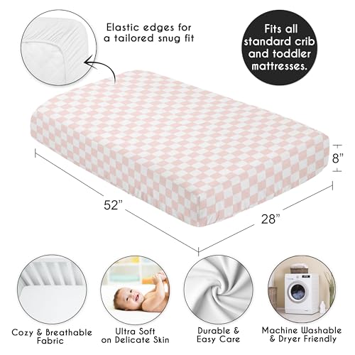 Image of Sweet Jojo Designs Fitted Baby Crib Sheets (Pink Gingham Checkered) for Girls, Infant Nursery, Toddler Room - Standard Size (Neutral, Plaid, Vintage, Modern, Check, Blush & White, Geometric, Retro)