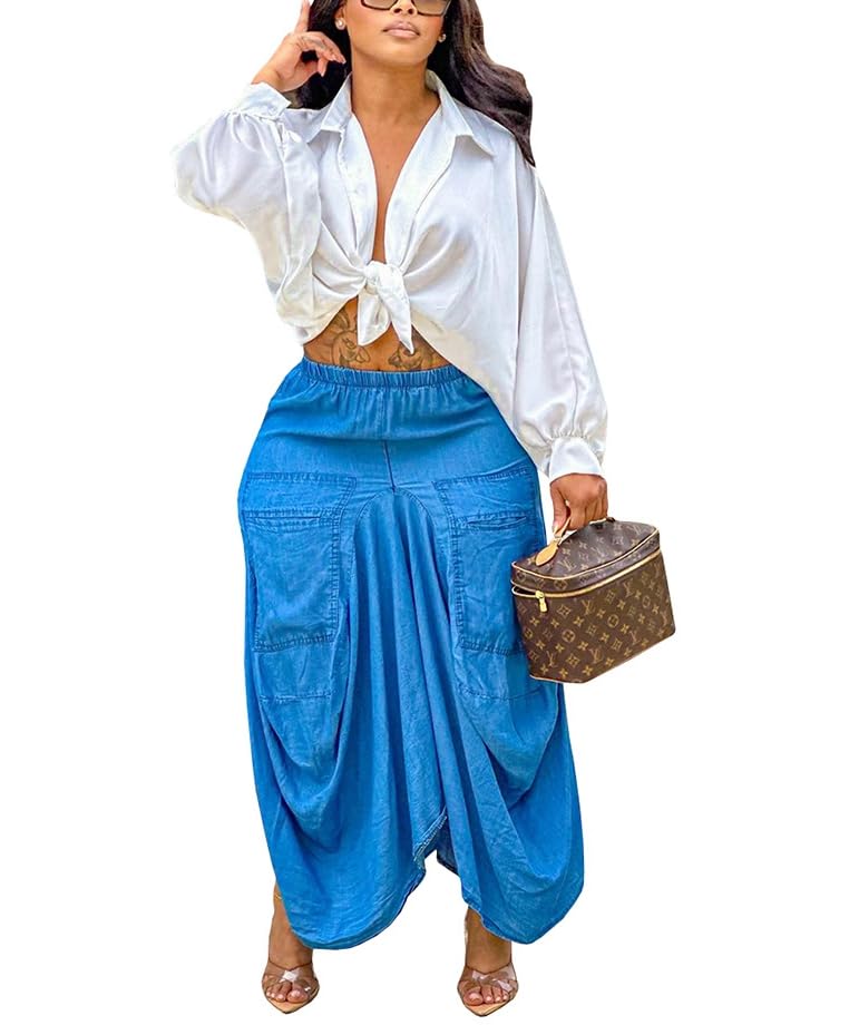 THLAI Women Denim Skirt Long Midi Denim Skirt Elastic Waist Cargo Skirt Irregular Hem Long Skirts 2024 Summer Jean Skirt