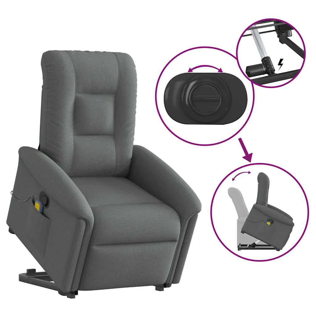 vidaXL Poltrona Alzapersona Massaggi Reclinabile Grigio Scuro Tessuto, Poltrona reclinabile rialzata, Sedia reclinabile per Anziani, Sedia alzabile elettrica