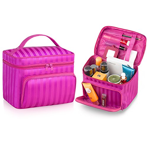 Miracu Cosmetic Bag Travel Makeup Bag Large Toiletry Bags for Home Use Portable Storage Bag with Brush Slots and Mirror Inside (Rose)