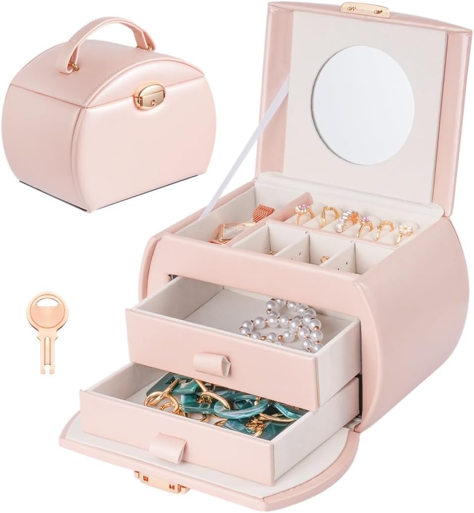 3-Tier Princess Jewelry Box with Lock and Key, Portable Jewelry Case for Girls with Makeup Mirror, and Travel Storage