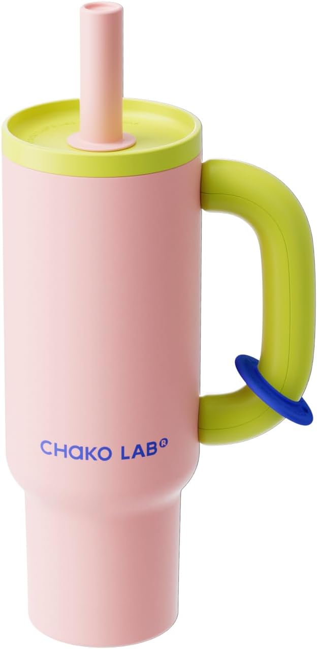 BaWang Insulated Stainless Steel Tumbler | Tumbler with Handle and Straw 33oz | Cup Holder Friendly for Travel | Leakproof Water Bottle | BPA-Free | 316 stainless steel liner| pink&green