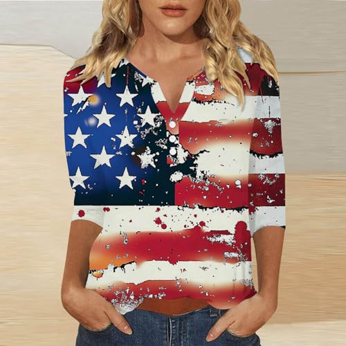 4th of July Shirts for Women Henley V Neck Button 3/4 Sleeve Tops Independence Day American Flag Printed T Shirts3