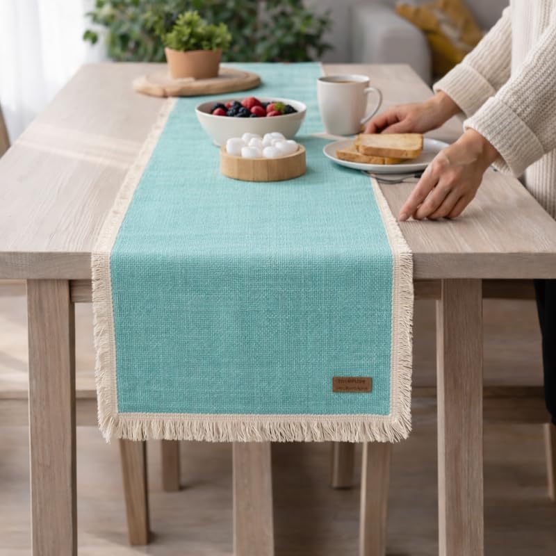 WWW.THROWPILLOW.IN Cotton Mint Green Fringe Centre Table Runners for Living Room Dining Table, Coffee Table Modern Farmhouse Runner for Stylish Homes14x90 Inchfor 6.5 Feet Long Table