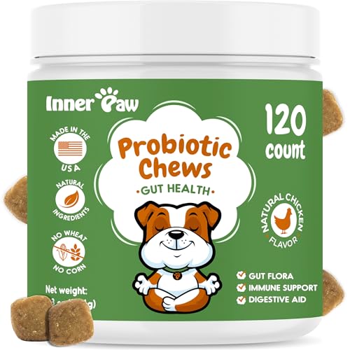 Inner Paw Probiotics for Dogs - Digestive Enzymes for Gut Health, Diarrhea & Bowel Support, Seasonal Allergies, Dog Supplement for Pet Immune System, Dog Vitamin - 120 Soft Chews - Chicken