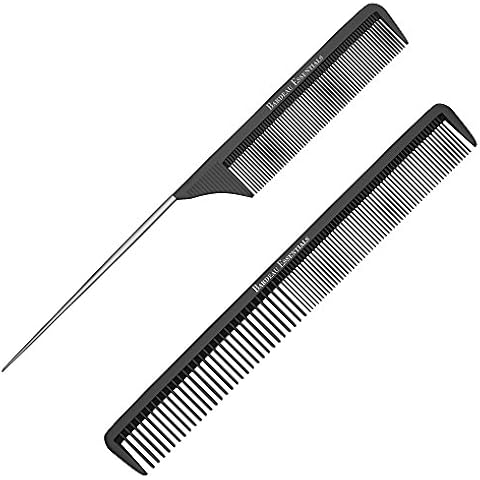Professional 8.8 Inch Tail Comb and Styling Comb - Black Carbon Fiber And Stainless Steel Pintail - Anti Static And Heat Resistant Teasing Lightweight Comb For All Hair Types Cover