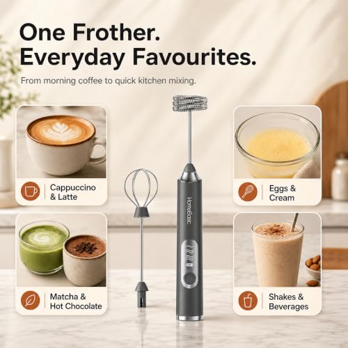 Image of HOMEBASIC Coffee Frother Electric Handheld, 3-Speed Milk Frother Rechargeable with Dual 304 SS Whisks, 8000 RPM Foam Maker for Latte, Cappuccino, Matcha, Eggs | Whisk Wave (Grey)