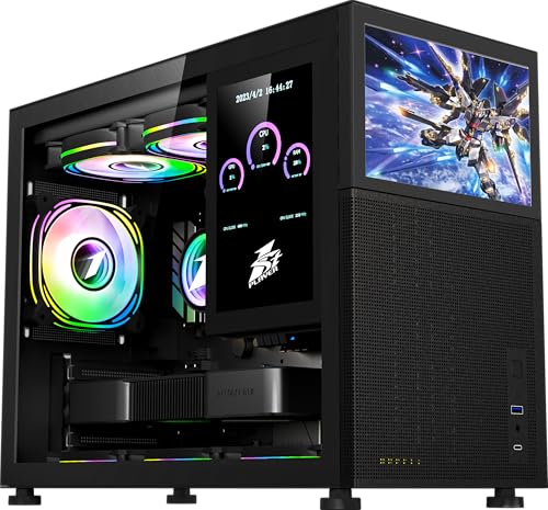 Image of 1st Player MIKU Mi6-EV Micro ATX PC Gaming Case with 8" 1280 x 800 LCD Removable Screen, 4 x 120mm ARGB Fans, Tempered Glass Side Window, Mesh Front,Top and Side For Superior Heat Dissipation - Black