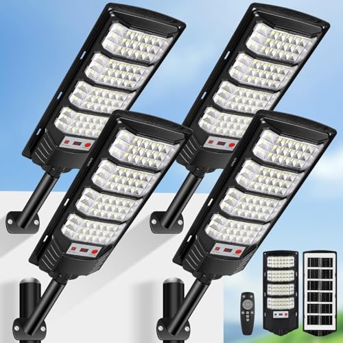 600W Lampione Solare Led Esterno 4 pezzi,IP66 Impermeabile Faretto Stradale