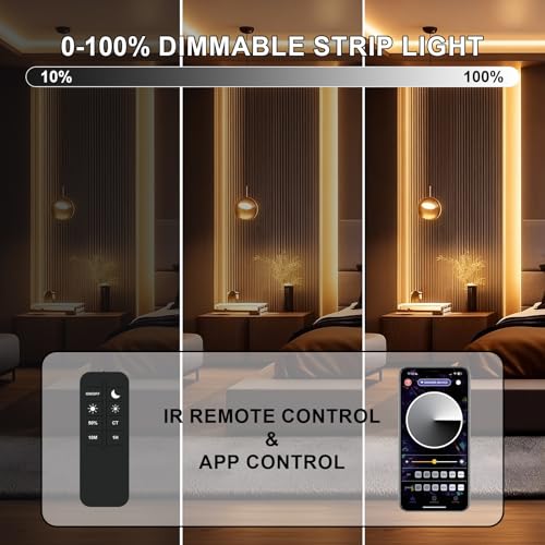 Image of COB LED Strip Light 3000K 40FT /12M warm white led strip Dimmable High Lumen Strip with IR Remote 24V UL Certified Adapter Suitable Adhesive Indoor COB LED Strip for Bedroom Living Room, Shelf, Cabinet