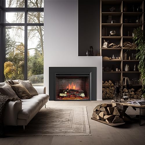 Image of PuraFlame Western 30 inch Electric Fireplace Insert with Trim Kit, Fire Crackling Sound, Resin Log, Remote Control, 750 /1500W Heater, Black