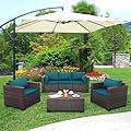 Valita Patio Rattan Furniture Set 4-Piece Outdoor PE Wicker Conversation Couch, Brown Sectional Sofa Couch with Storage Coffee Table Non-Slip and Washable Peacock Blue Cushions
