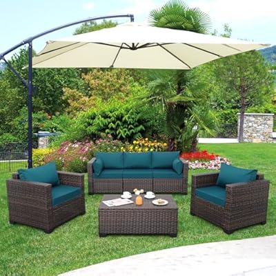 Valita Patio Rattan Furniture Set 4-Piece Outdoor PE Wicker Conversation Couch, Brown Sectional Sofa Couch with Storage Coffee Table Non-Slip and Washable Peacock Blue Cushions