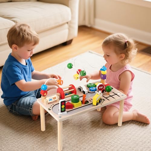 Activity Table for 1+ Year Old, Montessori Wooden Toys for Toddlers 1-3, 8 in 1 Baby Activity Table, Educational Sensory Bead Maze Toys for Babies, Learning Shape Sorter, Birthday Gifts Girls Boys - Image 6