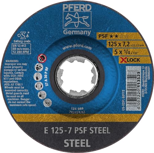 PFERD TOOLS Schruppscheibe, 10 Stück, 125 x 7,2mm, X-LOCK (22,23 mm), PSF STEEL, 62011125 – für schnelle und komfortable Werkzeugwechsel
