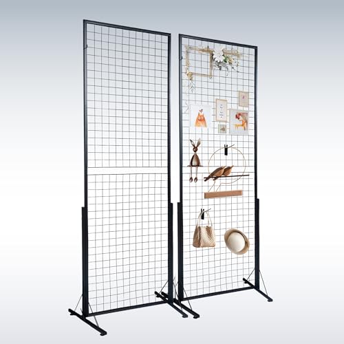 2-Pack 24x68 Inch Black Steel Grid Wall Display Stand, Floor Standing Retail Display Rack with Base for Store, Trade Show, Art Craft Show Merchandise Presentation