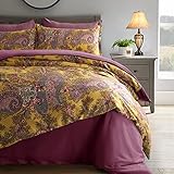 Eikei Vintage Botanical Flower Print Bedding 400tc Cotton Sateen Romantic Floral Scarf Duvet Cover 3pc Set Colorful Antique Drawing of Summer Lilies Daisy Blossoms (Super King, Mustard) -  Eikei Home