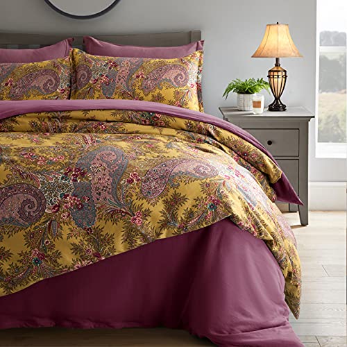 Classical Paisley Duvet Cover 3pc Set Bohemian Bedding Bothe Damask Antique Drawing Medallion 400TC Egyptian Cotton Sateen Luxury European Traditional Boho Floral Scarf Style Bed Linen (Mustard, King)