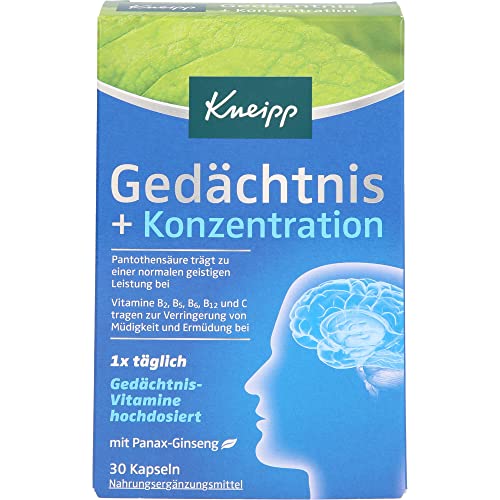 Kneipp Gedächtnis + Konzentration - Nahrungsergänzung zur Steigerung der geistigen Leistung & Verringerung von Müdigkeit - Pantothensäure, Vitamin B2 B5 B6 B12 C & Panax-Ginseng - 30 Kapseln