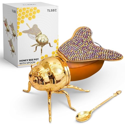 TLSEC Luxury Bee Shaped Honey Jar with Spoon, 4.7 oz Glass Honey Pot with Lid & Dipper, Decorative Honey Container for Kitchen, Unique Bee Gift Idea (Purple)