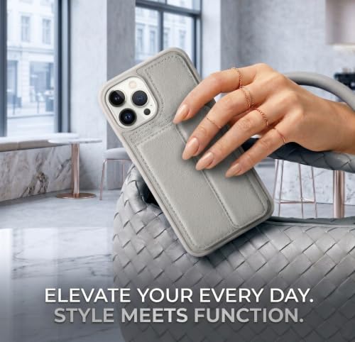 Image of amazon basics Luxury Vegan Leather Back Cover for iPhone 14 Pro Max | Built-in Card Holder Slot | Integrated Mobile Stand | Slim Shockproof Protective Case with Stitched Finish - Gray