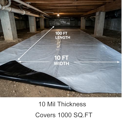 Image of Crawl Space Vapor Barrier Kit 10 ft x 100 ft, 10 Mil Thick Plastic Sheeting with 2 in x 65 ft Sealing Tape, Black & White Poly Film for Crawlspace Encapsulation & Ground Moisture Control