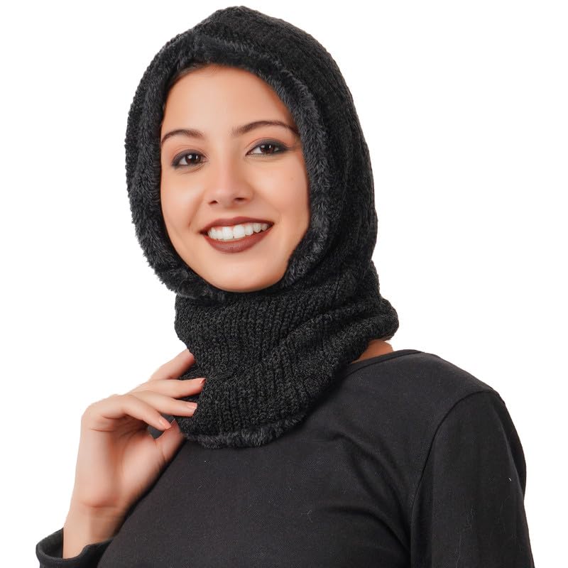 dressify Women's Fur Warm Winter Knitted Beanie Caps/Hats That Cover Face with Attached Neck Cover and Mask, Warmer Balaclava Cap Black Color-picture-23