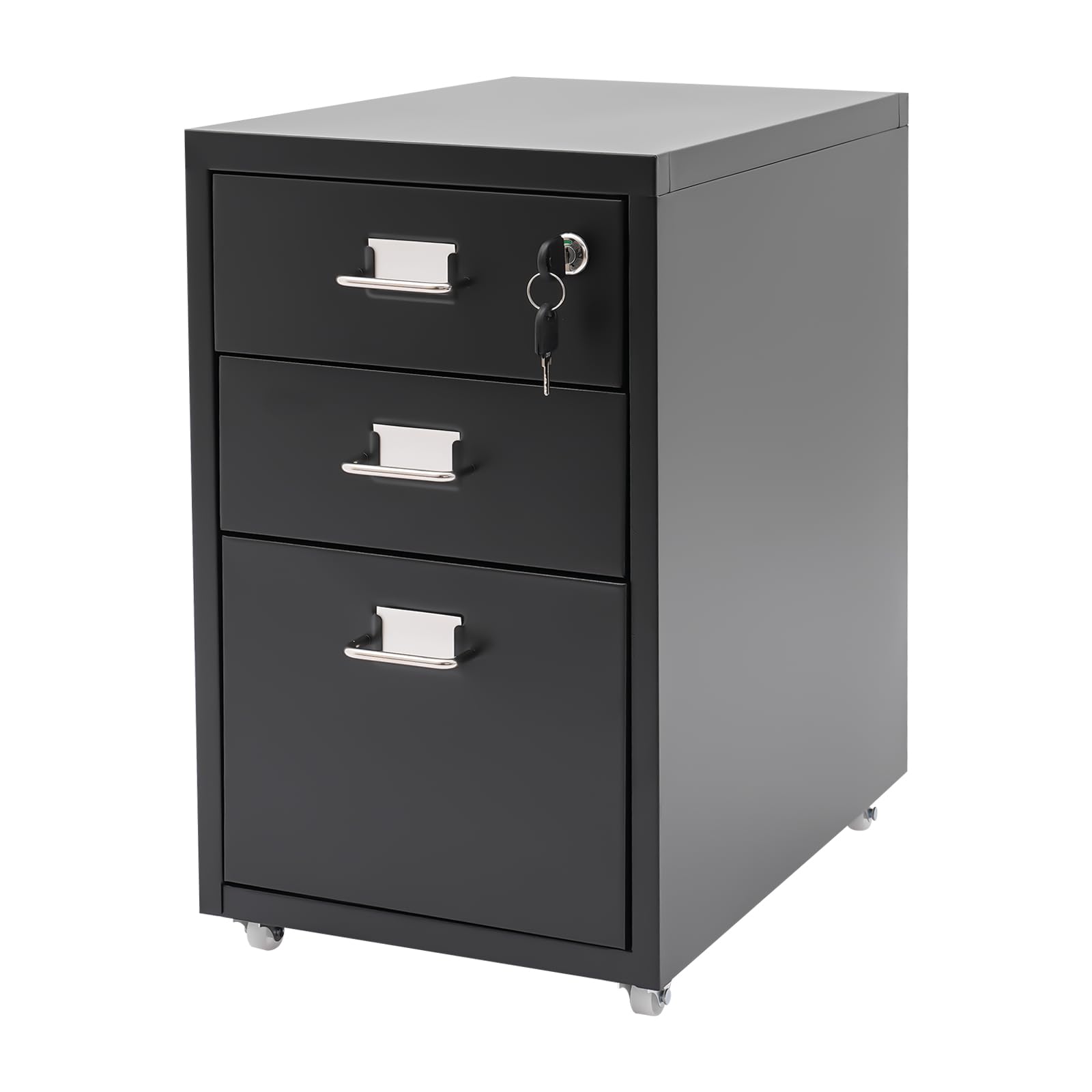 Cómoda archivador de metal con 3 cajones, armario de oficina con ruedas, armario de almacenamiento, para salón, dormitorio, estudio, 28 x 41 x 46,5 cm, color negro