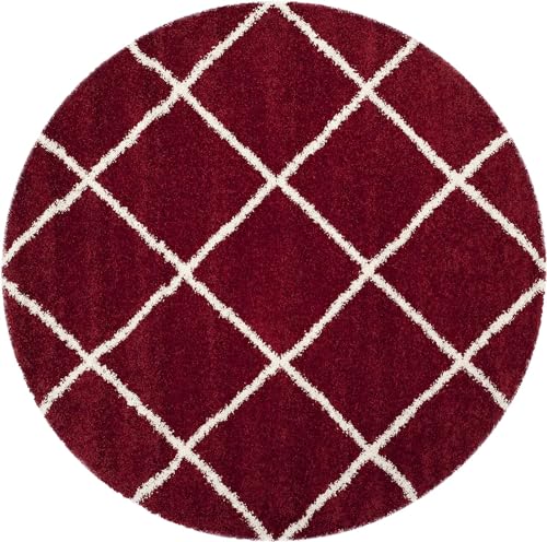 Image of Modern Shaggy Round Rug | Ultra-Soft Plush Circle Carpet for Living Room, Bedroom, Nursery | Fuzzy, Fluffy Area Rug with Non-Slip Base (Red B, 4x4 feet, Round)