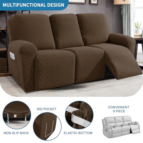 Image of 2026 Sofa Recliner Cover 5-Piece (69 inch-91 inch) Super Soft Recliner Couch Covers with Big Pocket & Anti Slip Ties Stay in Place, Stretch Lazy Boy Reclining Couch Sofa Slipcover Durable Washable, Coffee